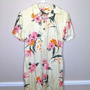 Caribbean Joe Short Sleeve Hibiscus Midi Collar Dress